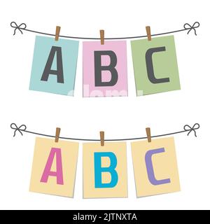 ABC-Buchstaben auf Papier hängen an einem Seil, Vektor isoliert Illustration. Stock Vektor