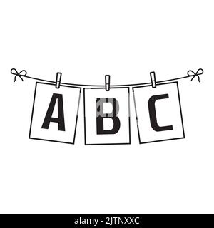 ABC-Buchstaben auf Papier hängen an einem Seil, schwarze Umrisse, Vektor isoliert Illustration. Stock Vektor