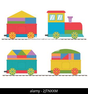 Holzzug mit Wagen mit Kuben, Farbvektor-Illustration in flachem Stil. Stock Vektor