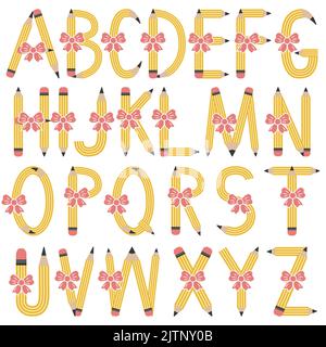 Englisches Alphabet von Bleistiften mit Band, Buchstaben, Farbe isoliert Vektor-Illustration verziert. Stock Vektor