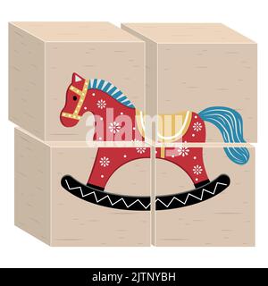 Holz Lernspielzeug für Kinder Würfel mit einem Pferd, Farbe Vektor Illustration. Stock Vektor