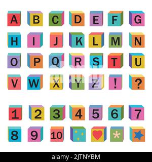 Alphabet und Zahlen aus Holzwürfeln, Farbvektorillustration, Buchstaben Stock Vektor