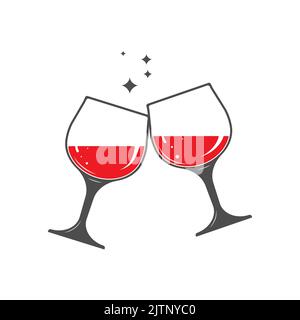 Zwei klirrende Gläser Rotwein. Vorlage für ein Logo, einen Aufkleber, eine Marke oder ein Etikett. Symbol für Websites und Anwendungen. Flacher Style Stock Vektor