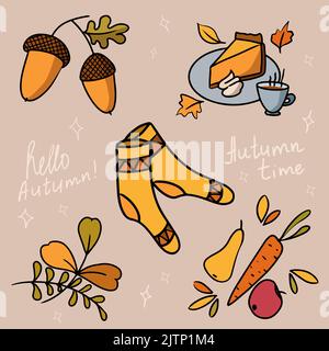 Autumn Eicheln Sticker Set warme Socken Herbstblätter Gemüse und Früchte Kürbis Käsekuchen und eine Tasse Tee Stock Vektor