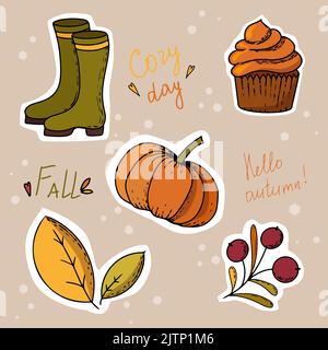 Set von Herbst Sticker Kürbis Cupcake Kürbis Gummistiefel Blätter Beeren auf einem Zweig und Herbst Schriftzug Stock Vektor