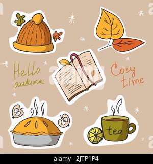 Autumn Sticker Set Tasse Tee mit Zitronenblättern Hut offenes Buch und Apfelkuchen Stock Vektor