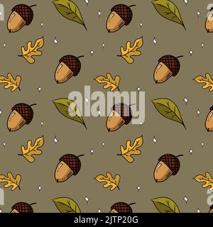 Herbstmuster Eicheln und Blätter auf dunklem Hintergrund Stock Vektor