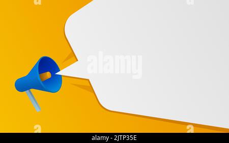 Blaues Megaphon mit einer leeren Sprechblase auf orangefarbenem Hintergrund. Social-Media-Konzept für Marketing-Ankündigungen. Vektorgrafik Stock Vektor