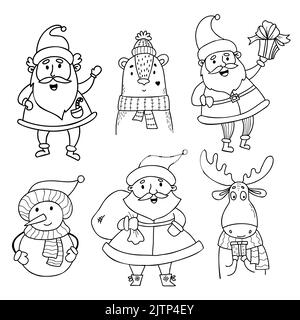 Sammlung Doodle Cartoon Winter weihnachten Zeichen. Niedlicher alter Mann Weihnachtsmann mit Tasche und Geschenk, Schneemann und Bär in gestricktem Schal und Hut, ein Elch w Stock Vektor