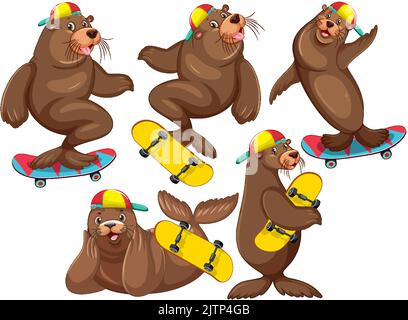 Satz von verschiedenen Seelöwen Cartoon-Figuren Illustration Stock Vektor