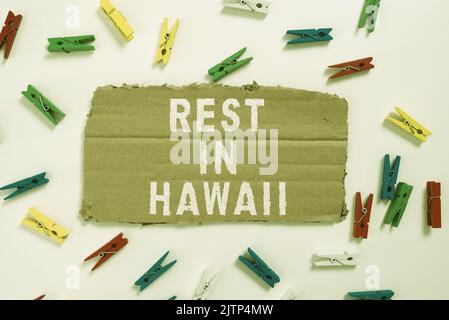 Text zeigt Inspiration Erholung in Hawaii, Wort geschrieben Genießen Sie eine entspannte Zeit an den schönen Stränden und im Sommer Blank Color Paper zwischen den Blättern W Stockfoto