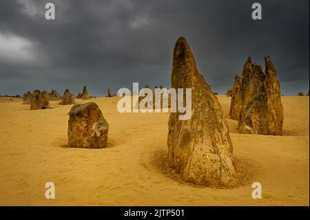 Bizarre Felsformationen der Pinnacles im Nambung National Park. Stockfoto