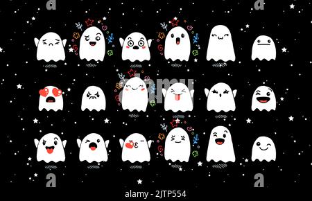 Set aus verschiedenen Cartoon Ghosts mit Emoticons. Doodle Ghouls, Augen und Mund. Karikatur Comic ausdrucksstarke Emotionen, lächelnd, weinend und überrascht Chara Stock Vektor