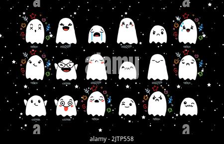 Set aus verschiedenen Cartoon Ghosts mit Emoticons. Doodle Ghouls, Augen und Mund. Karikatur Comic ausdrucksstarke Emotionen, lächelnd, weinend und überrascht Chara Stock Vektor