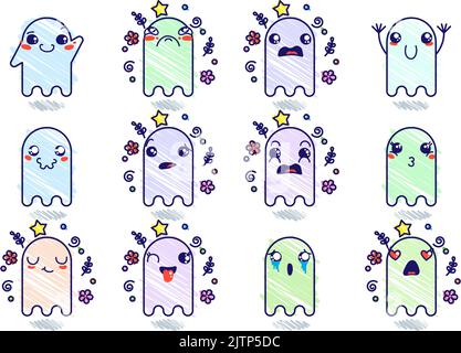 Set aus verschiedenen Cartoon Ghosts mit Emoticons. Doodle Ghouls, Augen und Mund. Karikatur Comic ausdrucksstarke Emotionen, lächelnd, weinend und überrascht Chara Stock Vektor