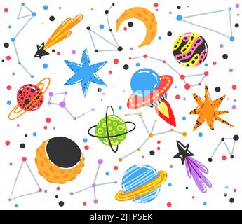 Bunte Raumsammlung mit Planeten, Kometen, Sternbildern, ufo und Sternen. Nachthimmel handgezeichneter Doodle astronomischer Hintergrund. Vektorgrafiken Stock Vektor