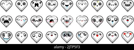 Set von Cartoon Herz-Symbole mit verschiedenen Emotionen, Lächeln, Gesichter. Mixed Outline Doodle Emoticons. Vektorgrafiken mit Edelsteinen Stock Vektor