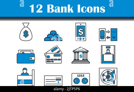 Banksymbol Festgelegt. Editierbare Fett Formatigte Kontur Mit Farbfüllungsdesign. Vektorgrafik. Stock Vektor