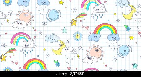Niedliche Doodle Wetter nahtlose Muster. Kawaii emotionales Wetter schmücken. Süße Sonne, Mond und fröhliche Wolken. Vektorhintergrund Stock Vektor