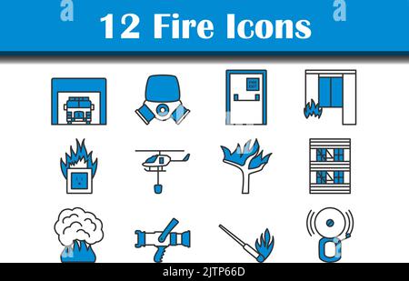 Feuersymbol Eingestellt. Dünne Linie Mit Blauem Fill-Design. Vektorgrafik. Stock Vektor