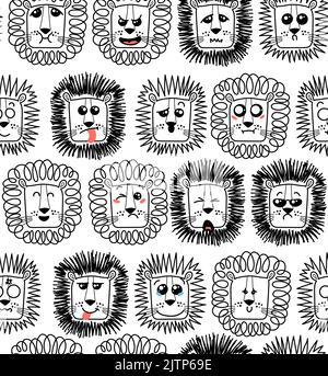 Seamless pattern with doodle cute Lion emoticons. Cute set of vector animals with emotions. Cartoon feline, lion for print, children and baby vector d Stock Vektor