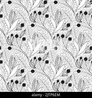 Florales Nahtmuster im schwarz-weißen Linienstil mit Damast-Fliesenmotiv. Doodle Flowers Textildruck. Vintage-Naturgrafik. Beeren Zweige und Lavendel Blume Stock Vektor