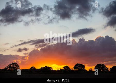 Wakefield, West Yorkshire, Großbritannien. 31.. August 2022. Wetter in Großbritannien. Die Sonnenuntergänge in der Nähe von Woolley Edge werden auf der M1 in der Nähe von Wakefield, West Yorkshire, Großbritannien, angeboten. Kredit: Windmill Images/Alamy Live Nachrichten Stockfoto