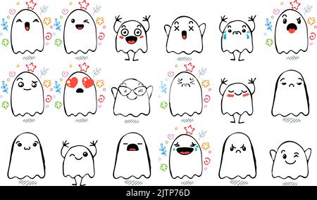 Set aus verschiedenen Cartoon Ghosts mit Emoticons. Doodle Ghouls, Augen und Mund. Karikatur Comic ausdrucksstarke Emotionen, lächelnd, weinend und überrascht Chara Stock Vektor