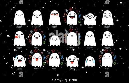 Set aus verschiedenen Cartoon Ghosts mit Emoticons. Doodle Ghouls, Augen und Mund. Karikatur Comic ausdrucksstarke Emotionen, lächelnd, weinend und überrascht Chara Stock Vektor