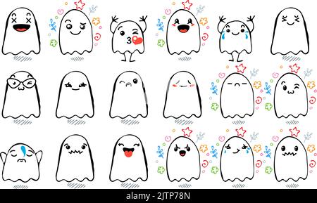 Set aus verschiedenen Cartoon Ghosts mit Emoticons. Doodle Ghouls, Augen und Mund. Karikatur Comic ausdrucksstarke Emotionen, lächelnd, weinend und überrascht Chara Stock Vektor