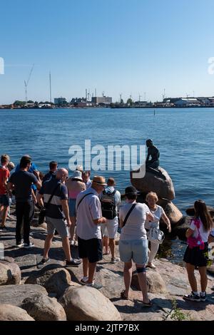 Kopenhagen, Dänemark. 13. August 2022. Eine Gruppe von Touristen neben der Statue der kleinen Meerjungfrau (Den Lille Havfrue) am frühen Sommermorgen Stockfoto
