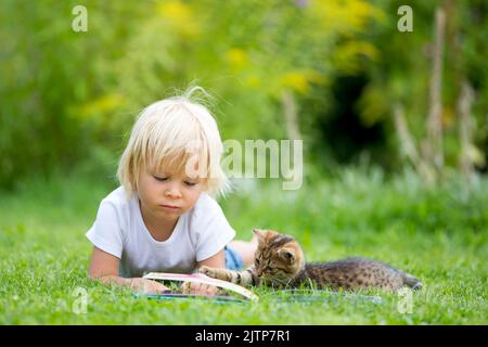 Cute blonde Kleinkind Kind, süßen Jungen, spielen im Garten mit kleinen Kätzchen, Buch lesen Stockfoto