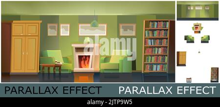 Zimmereinrichtung mit Kamin, Sesseln, Kleiderschrank und Bücherregalen. Abendzeit und weiches Licht der Lampe. Wohnzimmer mit Möbelgemälden. Bild la Stock Vektor
