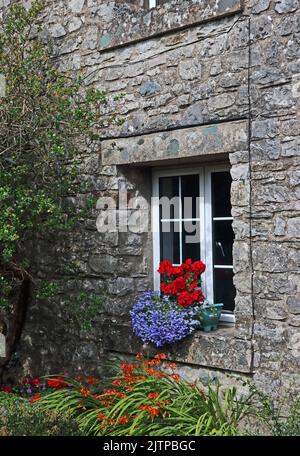 Bunte Pflanzen in der Grenze und auf dem Fensterrand des Steinhauses Stockfoto