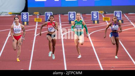 Ewa Swoboda, Mujinga Kambundji, Bree Masters, Melissa Jefferson, Hayward Fiel, der bei den 100m Damen-Läufen bei den Leichtathletik-Weltmeisterschaften antritt Stockfoto