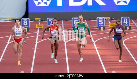 Ewa Swoboda, Mujinga Kambundji, Bree Masters, Melissa Jefferson, Hayward Fiel, der bei den 100m Damen-Läufen bei den Leichtathletik-Weltmeisterschaften antritt Stockfoto