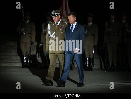 Danzig, Polen. 01. September 2022. Mariusz Blaszczak, Minister für nationale Verteidigung Polens, wird während der Feier des 83.. Jahrestages des Ausbruchs des Zweiten Weltkriegs in Westerplatte, Danzig, gesehen. Kredit: ASWphoto/Alamy Live Nachrichten Stockfoto