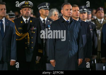 Danzig, Polen. 01. September 2022. Der Präsident Polens, Andrzej Duda, wird während der Feierlichkeiten zum 83.. Jahrestag des Ausbruchs des Zweiten Weltkriegs in Westerplatte, Danzig, gesehen. Kredit: ASWphoto/Alamy Live Nachrichten Stockfoto