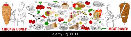 Handgezeichnete Vektorgrafik. Shawarma Kochen und Zutaten für Kebab. Döner Kebab von Hand gezeichnet. Designelemente für Fast Food-Menüs. Restaurant Cafe Me Stock Vektor