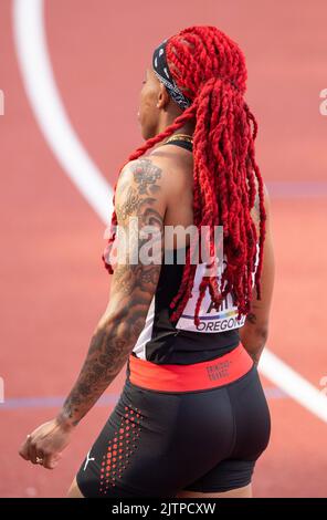 Michelle-Lee Ahye aus Trinidad, die bei den 100m Damen-Läufen bei den Leichtathletik-Weltmeisterschaften, Hayward Field, Eugene, Oregon, USA, am 16. Stockfoto