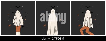 Handgezeichnete abstrakte Vektor Grafik Cliparts Illustration, Halloween Urlaub Kostüm Party Erwachsene Menschen Charaktere Sammlung Karte Vorlage set.Creepy Stock Vektor