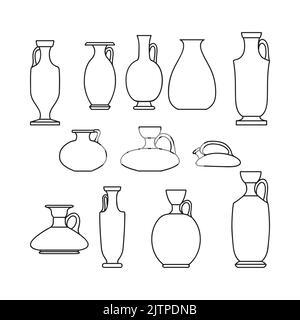 Skizze Umriss von Keramikvasen gesetzt. Altgriechisches, römisches Glas mit zwei Griffen und einem schmalen Hals. Line Art Vintage Amphoren, Töpfe, Tassen isoliert schwarz Stock Vektor