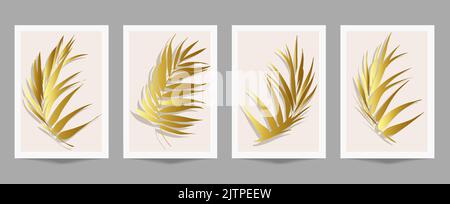 Botanische und goldene Linie Minimale und natürliche Wandvektor-Set. Boho Laub Linie Kunst Zeichnung mit abstrakter Form. Cover, Tapete, abstrakte Pflanzenkunst Stock Vektor