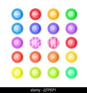 3D Bullet Point Vektor Illustration Set - isolierte helle bunte runde Zeiger mit Zahlen von 1 bis 15 und starten, stoppen, anhalten, ausschalten Stock Vektor