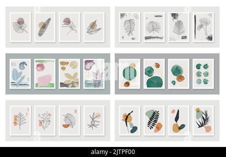 Botanische Wandkunst. Minimale und natürliche Wandkunst. Design für Verpackung Hintergrund, Druck, Verpackung, Gesundheitswesen, Einladung, Karten, Naturkosmetik Stock Vektor