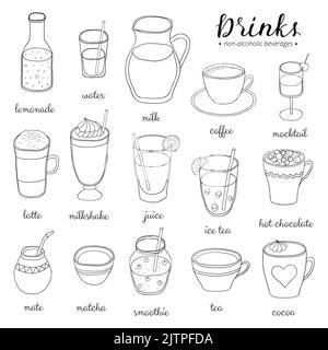 Handgezeichnete Umrisse nichtalkoholischer Getränke isoliert auf weißem Hintergrund. Stock Vektor
