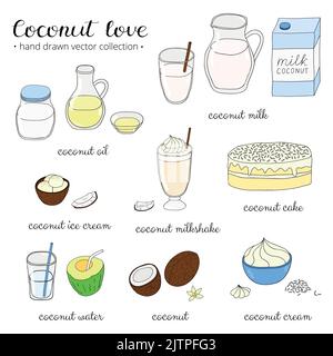 Coconut Love Set isoliert auf weißem Hintergrund. Handgezeichnetes Kokosöl, Milch, Eis, Kuchen, Wasser, Creme, Kokosnüsse. Tropic-Menü. Stock Vektor