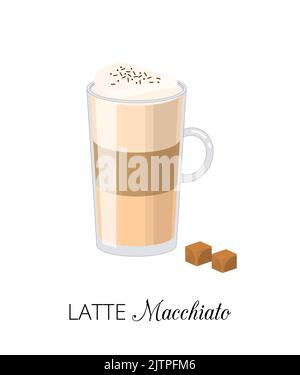 Latte Macchiato mit Karamell isoliert auf weißem Hintergrund. Latte Drink mit Schaumstoff im Cartoon-Stil. Perfekt für Poster und Menüs. Vektorilustration. Stock Vektor