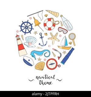 Handgezeichnete nautische Gegenstände im Kreis mit Schriftzug. Stock Vektor