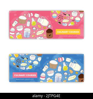 Vektor-Banner-Vorlagen mit handgezeichneten kulinarischen Gegenständen isoliert auf weißem Hintergrund. Verwendete Begrenzungsmaske. Stock Vektor
